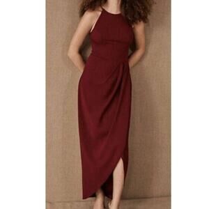 BLDN Marceau Maxi Dress High Neck Tulip Hem Burgundy Red Gathered Waist  Size 4